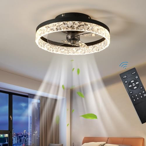 Quiet Ceiling Fans with Lights Remote Control, Modern Lighting Fan Ceiling Light LED Dimmable Ceiling Fan Lamps for Bedroom Living Room, Fan Reversible and 6 Speeds (Black, 40CM)