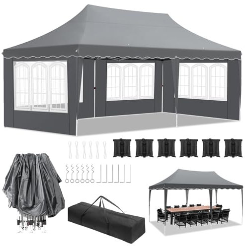 Carpa Plegable 3x6 M, Cenadores para Jardin 290-300-310 cm de Alto, protección UV 50+, Carpas para Exteriores con 4 Paredes Laterales, 12 Ganchos para la Tierra, 6 Cuerdas y 6 Sacos de Arena, Gris