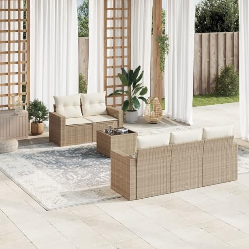ULUYYUC 6-TLG. Garten-Sofagarnitur, Schlafsofa Gästebett Polsterbank Fußhocker Geeignet für Balkon Garten Außenbereich Hinterhof mit Kissen Beige Poly Rattan