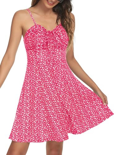 Missufe Sommerkleid Swing Blumenkleid Cami Freizeitkleider Damen Spaghettiträger Kleider (Heißes Rosa, klein)