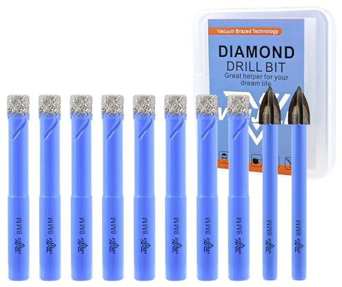 VENJELD Dry Diamond Drill Bits Set - 8mm 8Pcs Tile Hole Saw Kit and 2Pcs 8mm Carbide Drill Bit for Ceramic Porcelain Tile Marble Granite - Round Shank with Storage Case