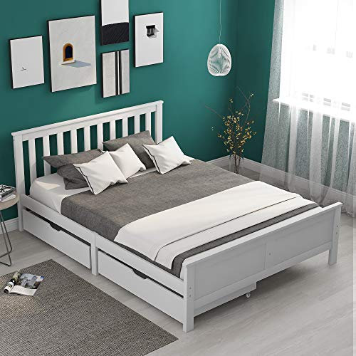 Wooden Solid White Pine Storage Bed With Drawers Bed Furniture Frame For Adults Kids Teenagers 4ft6 Double (White 190x135cm)