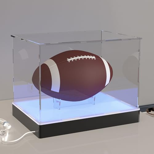 Acrylic Display Case with USB RGB LED Lighting Base, App & Key Controlled, Crystal-Clear Display Box with Ball Stand for Rugby & Football, 30x20x20cm