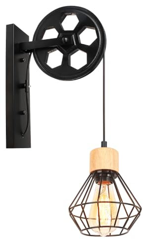 Vintage Applique Murale Industrielle Poulie Design Suspension Métal en forme Cage Noir Rétro E27 Lampe de Mur en Bois Loft Corde Ajustable (B-en bois-1)