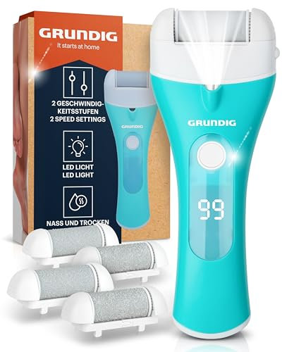 Grundig Hornhautentferner elektrisch Pro - schnell Hornhaut entfernen ohne Bücken - Premium Akku Hornhaut Entferner nass + trocken mit Arbeitslicht, 3 Fuß Rollen, wiederaufladbar (Gerät + Ersatzköpfe)