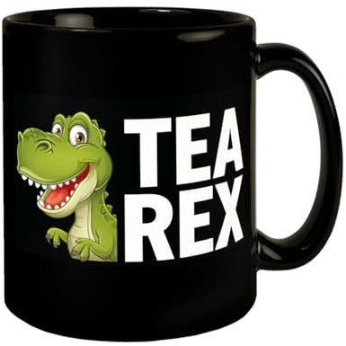 Grüner Cartoon-Dinosaurier TEA REX Tasse Humorvoller schwarzer Kaffeebecher - Design für Dinosaurierliebhaber Teeliebhaber Cartoon-Dinosaurier