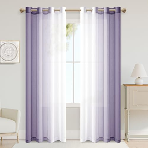 XWZO Gardinen mit Ösen Vorhänge Transparent Farbverlauf Voile Gardinen, Ombre Vorhang für Schlafzimmer und Wohnzimmer 225cm x 140cm(H x B) Lila