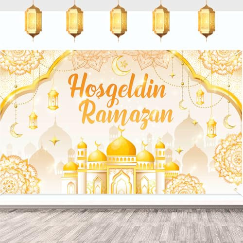 DPKOW Platin Ramadan Deko Hosgeldin Ramazan Banner Hintergrund Ramadan Mubarak Dekoration Ramadan Kareem Banner, Stoff Großes Banner Eid Mubarak Dekoration Muslim Islamische Ramazan Dekor, 180x110 cm