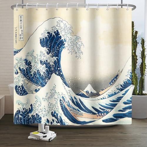 Xiaoterna Rideau de Douche Peinture Japonaise Traditionnelle Rideau de Douche Japonais Vagues océaniques Bateau en Bois avec Vagues de mer abstraites Rideau de Douche Lavable 200x180cm