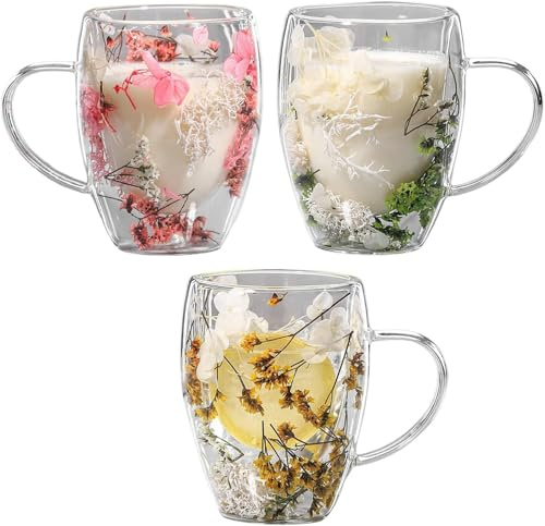 Qikam 3 Stück Doppelwandige Kaffeetassen mit Trockenblume, Doppelwandige Glasbecher mit Trockenblume, Kreative Trockenen Blumen Kaffeegläser Latte Macchiato Gläser für Cappuccino, Tee, Milch, Bier