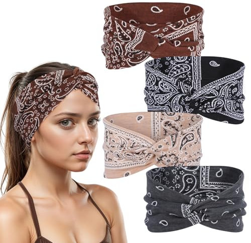 JIEYAO 4 Stück Damen Stirnband, Elastische Breite Haarband Cashewblüte Haarbänder Weiche Kopfband Rutschfest Stirnbänder Boho Kopf Wickeln Haarschmuck für Alltag Yoga Sport Fitness