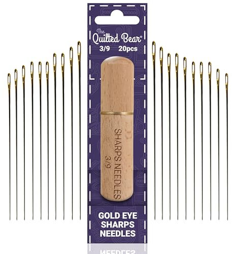 The Quilted Bear Gold Eye Sharps Sewing Needles 3/9-20 Sharps Hand Sewing Needles Set with Sharp Points in a Premium Engraved Wooden Case for Dressmaking and Sewing (Sizes 3/9)