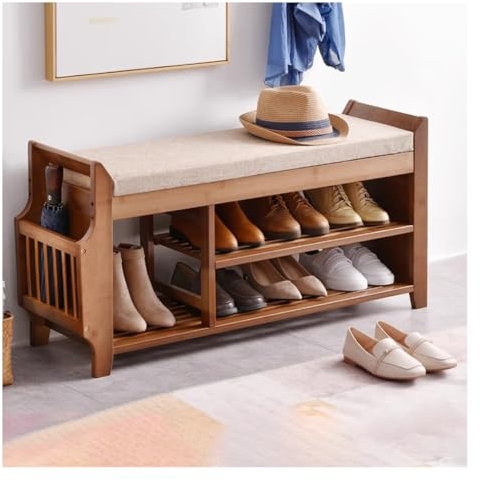 Wooden Shoe Bench - with Padded Seat and Drawers- 2 Tiers Shoe Rack Bench - Adjustable Shelves - Shoe Storage Bench Organizer - for Hallway Bedroom Living - 100CMx30CMx50CM