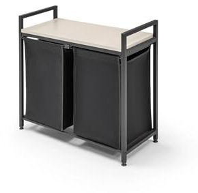 Wäschekorb 2 Fächer, Wäschesammler mit Ablage, Wäschesack aus wasserabweisendem Stoff, stabiler Metallrahmen, MDF-Unterstützung, 32 x 75 x 70 cm