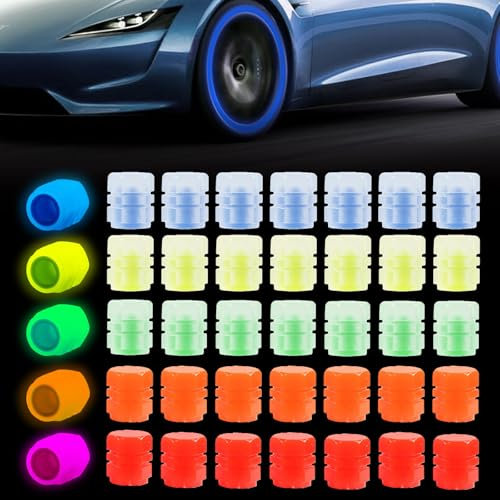 MALNDTK 40Pcs Reifenventilkappen,Leuchtende Reifenkappen im Dunkeln,Leuchtende Reifenventilkappen in 5 Farben,Universelle, Fluoreszierende Ventilkappen für Auto, SUV, Fahrrad und Motorrad