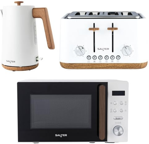 Salter COMBO-9196 Toronto Kettle, Toaster, Microwave Set – Kitchen Countertop Appliances, 1.7L Fast Boil Kettle, 4-Slice Wide Slot Toaster, 20 L Digital Microwave, 25.5cm Turntable, White