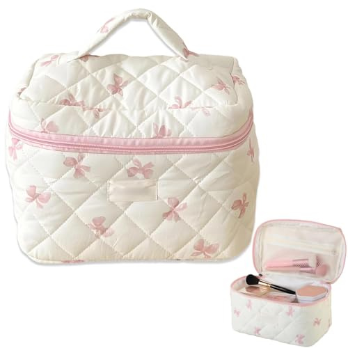 Bow Pencil Case, Pink Makeup Bag with Zipper Portable Cute Makeup Bag Storage,Girls Hair Accessories Storage, Colorful Travel Toiletry for Stationery, Toiletries Travel & Office Supplies