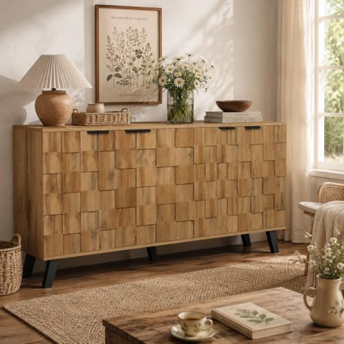 OLIVIBED Sideboard 160cm Breit, Küchenschrank Holz mit Verstellbarem Fach, Landhausstil Wohnzimmerschränke mit 4 Türen, Anrichte für für Küchen, Wohnzimmer, Schlafzimmer, 160.5x35.5x78cm, Holzfarbe