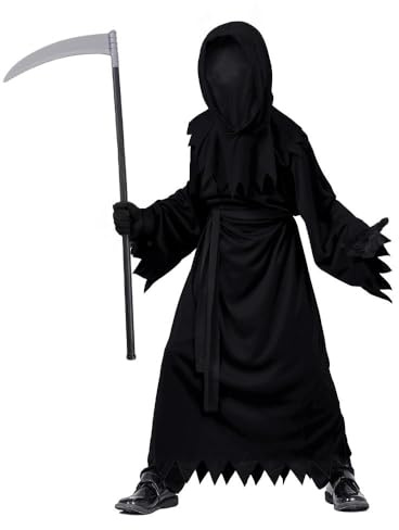 Lito Angels Deguisement Enfant Grim Reaper 5 a 12 Ans Garcon Fille avec Robe Noire Capuche Gants Faux Ceinture pour Halloween Carnaval Ecole Spectacle Costume Horreur