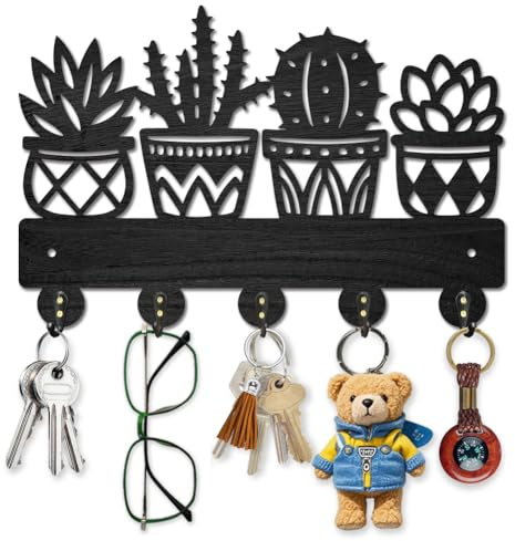 MAYJOYDIY Wooden Potted Plant Key Holder for Wall Flower Pot Key Hanger 30×20cm Cactus Fleshiness Wall Mount Coat Rack with 5 Alloy Hooks for Entryway Kitchen Office Bedroom Gift