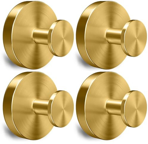 4-Pack Drill-Free Suction Cup Hooks, Stainless Steel Strong Vacuum Hooks for Bathroom Shower, Waterproof No Trace Towel Hangers, Only for Smooth Flat Surfaces (Gold)