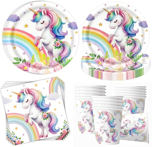 OMZSXK Einhorn Partygeschirr Set für 16 Gäste, Einhorn Partyteller Geburtstag, Einhorns Pappteller Servietten Becher Kindergeburtstag Party Deko