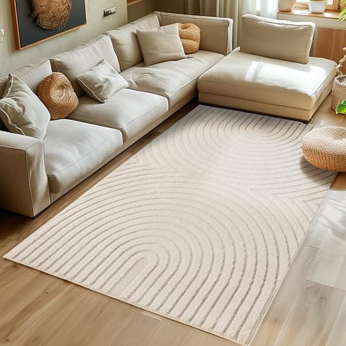 SIMPEX Wohnzimmer Teppich 200x290 cm Creme Hochflor Skandi Boho Design Hoch-Tief Effekt Weicher Shaggy Langflor Flauschig Robust Pflegeleicht Modern für Esszimmer