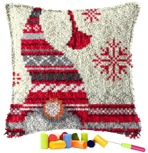 YEESAM ART Latch Hook Cushion Kits for Adults & Beginners, Christmas Gnomes Santa Pre-Printed Latch Hooking Pillow Kit, DIY Embroidery Set Pillowcase for Home Sofa Decor Idea (Gnome)
