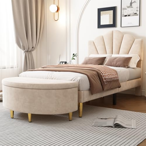 Samt Polsterbett, 90 × 200 cm, muschelartiges Bett mit goldenen Eisenbeinen, höhenverstellbares Kopfteil, Holzlattenrost, mit Polsterbank, Bank mit Stauraum, Beige