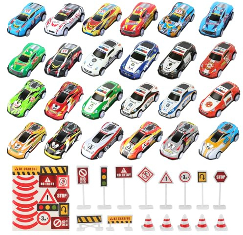 Dewdropdale 24 Stück Mini Auto Set, 6,8 x 3,3 x 1,8 cm Metall Stunt Spielzeugauto mit 15 Barrikaden, Zufälliger Stil, Metall Kleine Spielzeugautos Können für Kindergeschenke