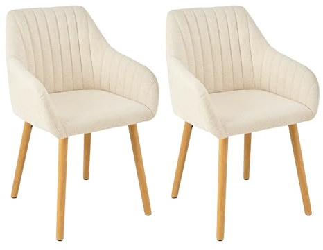 Goeurvant Esszimmerstühle Beige Holzbeine mit Armlehne 2er Set Stuhl Esszimmer Küchenstuhl Polsterstuhl Armlehnenstuhl aus Chenille Wohnzimmerstuhl für Esszimmer Küche Weiß