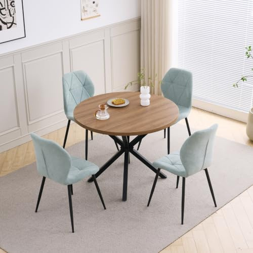 HJhomeheart Esstisch und Stuhlset, 100 cm Runder Esstisch und 4 Moderne Leinenstühle, für Esszimmer, Küche, Wohnzimmer (Dunkel+ Mint)