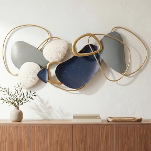 Blissio Kreisrelief,105 x 50 cm,Wanddeko aus Metall,Blau-Grau-Weiß | Wanddeko Metall mit Rückseitigen Aufhängepunkten,1,7 kg,Quer Oder Hochkant Aufhängung,8 cm Wandabstand, mit Montageset