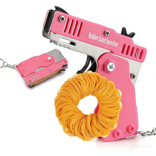 QKUDNGHY Rubber Band Launcher Toy Keychain Mini Metal Folding Rubber Launcher Toy Elastic Rubber Bands for Game Outdoor Activities (Pink)