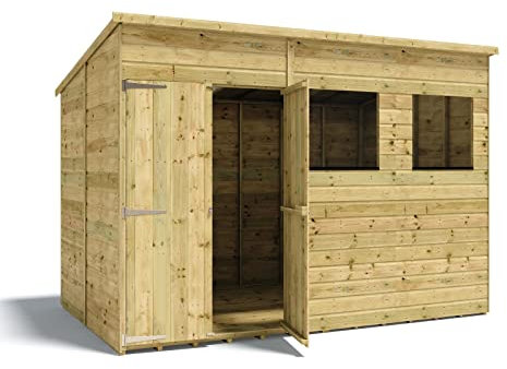 10 x 6 Pressure Treated Hobbyist Pent Shed Tongue & Groove Shiplap Cladding Construction Offset Door 11mm Tongue and Groove Floor Wooden Garden Shed 3.04m x 1.82m