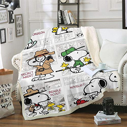 BLAMARIA Tagesdecken Cartoon Anime Snoopy Muster Sherpa Werfen Doppeldecke Erwachsene Kinder Warme Freizeit Couch Stuhl Weiche Decke (E) 150 * 200 cm