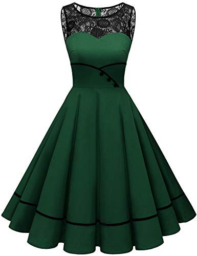 Bbonlinedress Rockabilly Kleider Damen Winterkleid Abendkleider elegant für Hochzeit Weihnachtskleid Spitzenkleid Cocktailkleid Dark Green S
