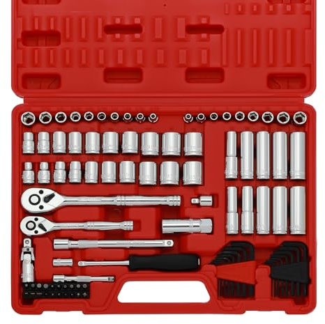 CASOMAN juego de llaves de vaso de 1 4 pulgadas y 3 8 SAE y métrico tamaños estándar y profundos con trinquete barras de extensión y junta universal 83 piezas 1 4 Drive y 3 8 Dr. Socket Super Set