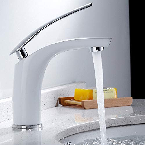 JTWEB Badezimmer-Wasserhahn, Weiß, Waschbecken-Mischbatterie für Badezimmer, Einhebelmischer, Badezimmer, Kalt- und Warmwasser-Mischbatterie, moderner, eleganter Stil, Weiß