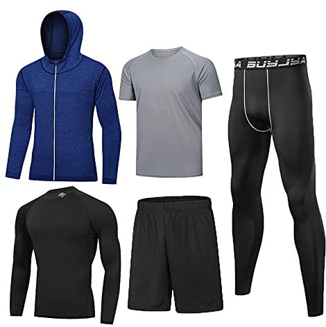 BUYJYA 5-teiliges Herren-Kompressionshose, Shirt, Oberteil, langärmelig, Sport-Sets, Fitnessstudio, Kleidung, Herren-Workout