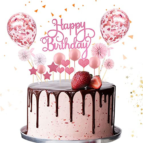 38 PCS Tortendeko Rosa,Kuchen Topper,Kuchendekoration,Geburtstag Torte Topper,Cake Topper,Happy Birthday Kuchendeko,Kuchen Deko für Geburtstag mit Sternen,Konfetti Ballon,Liebe und Papierfächer