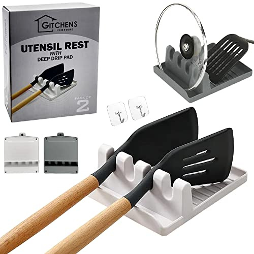 Küchenutensilien, Löffel- und Deckelablage mit tiefem Abtropfpad (2er-Pack) – stabiles und rutschfestes Design – hitzebeständig, ungiftig und BPA-frei