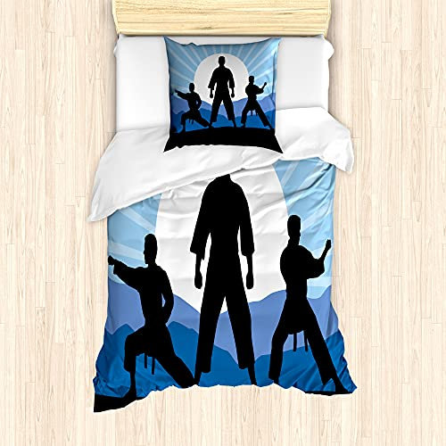 ABAKUHAUS Kung Fu Bettbezug Set für Einzelbetten, Karate Männer Silhouetten Sun, Milbensicher Allergiker geeignet mit Kissenbezug, Grau