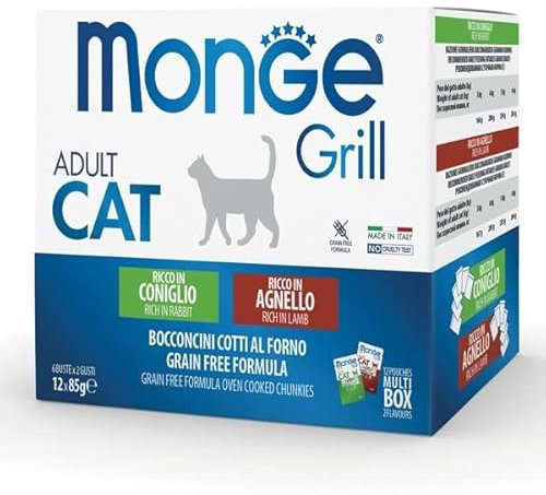 Monge Grill Multipack Adult Rabbit and Lamb, Nassfutter für Erwachsene Katzen (hochwertiges Katzenfutter Multipack aus Kaninchen und Lamm, hochwertige Rezeptur, getreidefrei, 12 x 85 g)