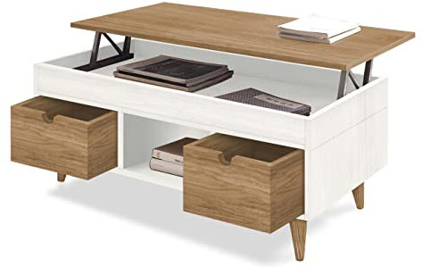 HOGAR24 ES Scala - Mesa Centro Elevable Madera Maciza Natural, Combinado Color Blanco y Encerado. Medidas: 100cm x 50cm x 47cm.