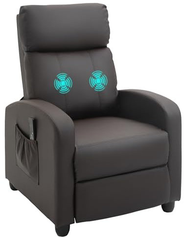 HOMCOM Sillón de Masaje, Sillón Relax Reclinable con Mando a Distancia, 2 Zonas de Masaje, 8 Programas, 5 Niveles de Intensidad, Bolsillo Lateral y Temporizador Tapizado en PU 68x88x98 cm Marrón