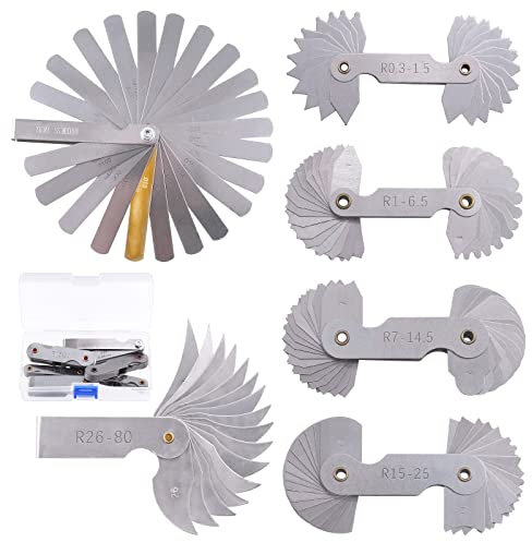 Swpeet 6Pcs 5 Sizes R0.3-1.5/ R1-6.5/ R7-14.5/ R15-25/ R26-80 Stainless Steel Radius Gauge with Feeler Gauge Kit, 5 Sizes Metric and Imperial Arc Fillet Concave Convex Gap Measuring Tool