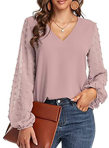 ORANDESIGNE Blusa Donna Elegante Curvy Chiffon Manica Lunga Maglietta Maglia Trasparente Scollo a V Cerimonia Camicia da Ufficio Sexy Tinta Unita Casual Particolari Camicette a Rosa L