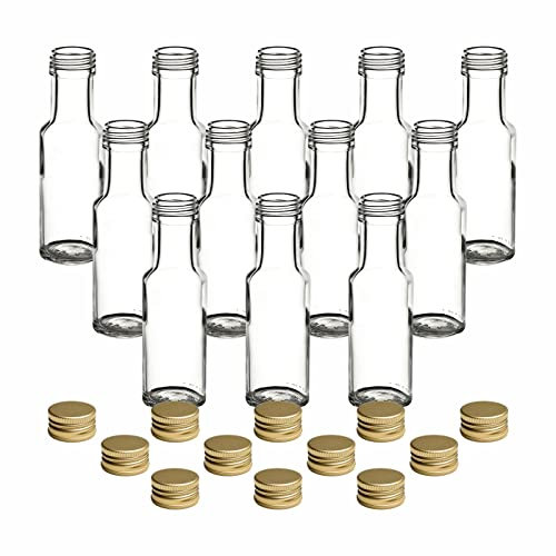 gouveo Set di 12 bottiglie di vetro Dorica da 100 ml con tappo a vite - Piccole bottiglie rotonde di vetro per olio, aceto e liquore con coperchi color oro PP31.5 (DFT100G)