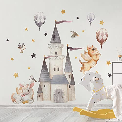 kina - Adesivo Murale Bambini Decorazione Parete Cameretta R00613 - Materiale Eco-Tessuto, Ecologico Anallergico, Riposizionabile, Effetto Carezza, Asilo Nido - Grafica Castello e Misura 120x50 cm